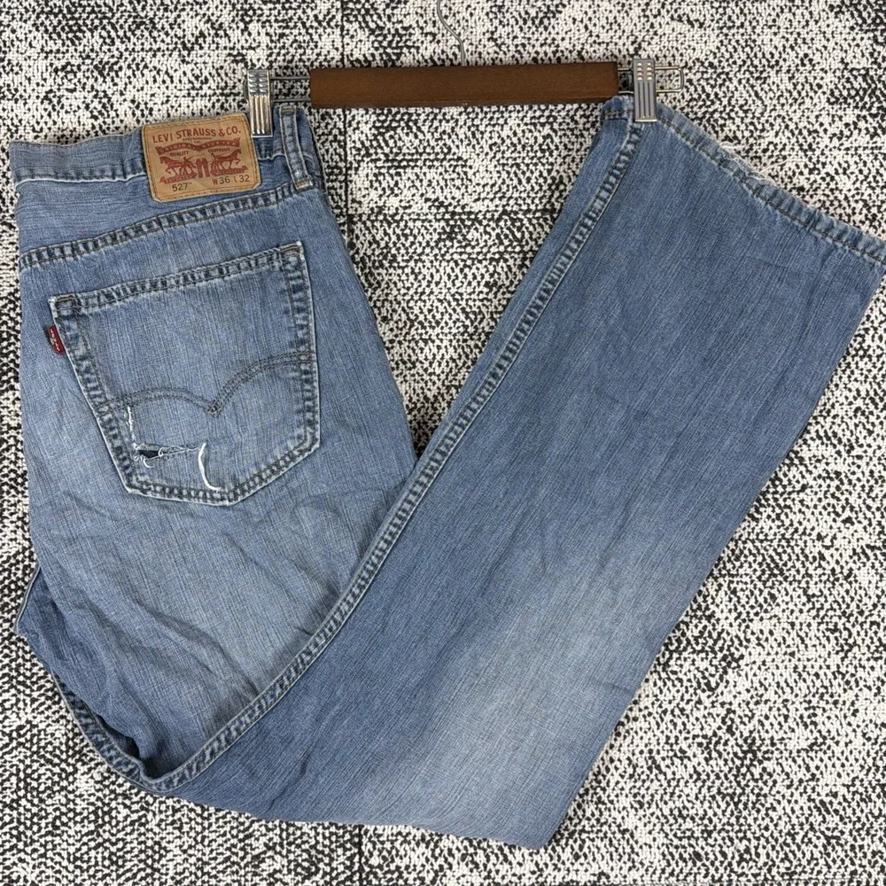Levis 527 Bootcut Distressed Blue Jeans Mens 36 X 32‎ Cotton Holes Cut Pocket